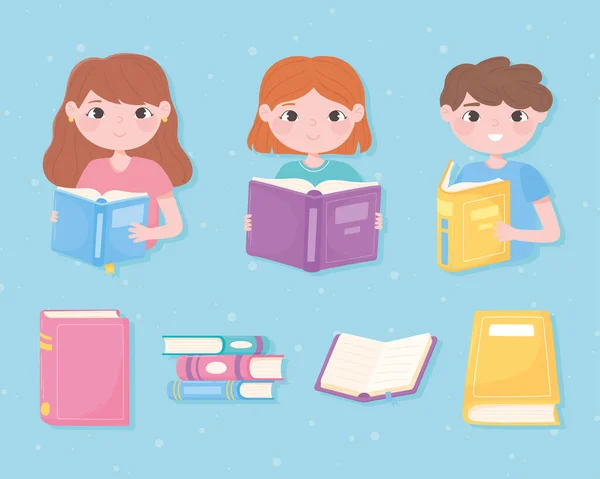 Χαριτωμένα κορίτσια και αγόρι διαβάζουν βιβλία μαθαίνουν γνώση ακαδημαϊκός σχεδιασμός — Διανυσματικό Αρχείο