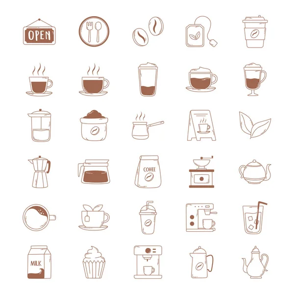 Café ícones xícara chaleira máquina de feijão bule em linha marrom — Vetor de Stock
