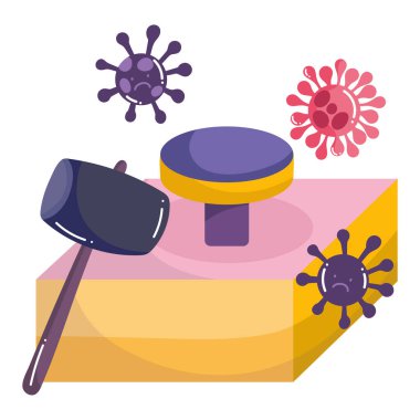 covid 19 virus cartoons hammer and button vector design