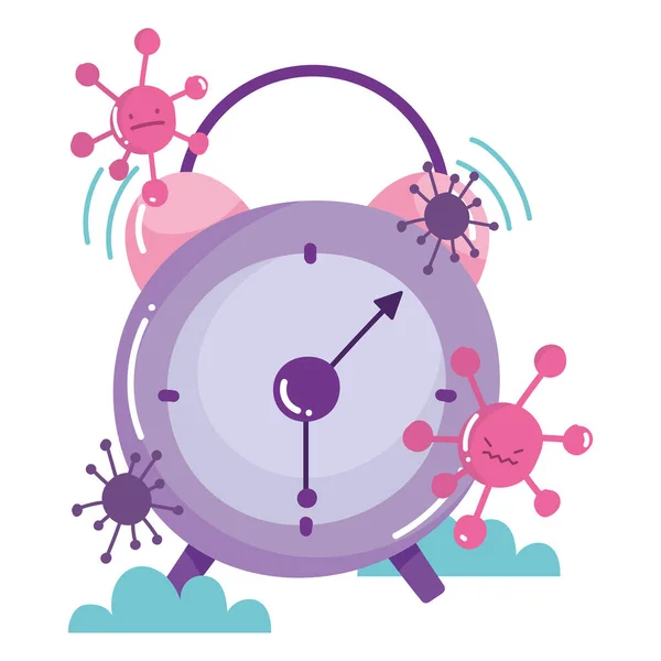 Covid 19 virus cartoons and clock vector design — Διανυσματικό Αρχείο