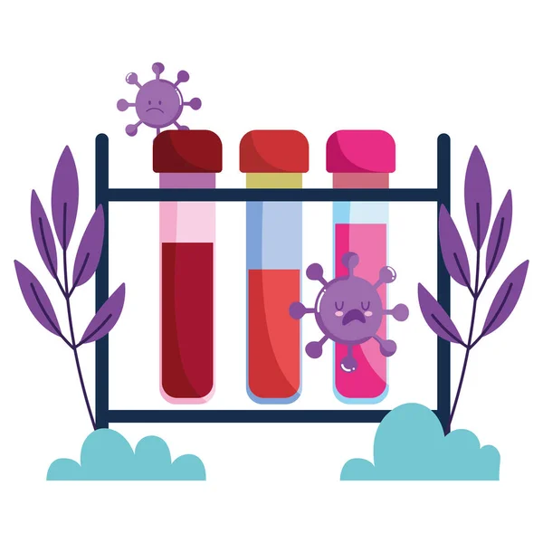 Covid 19 virus cartoons and test tubes vector design — Stock vektor