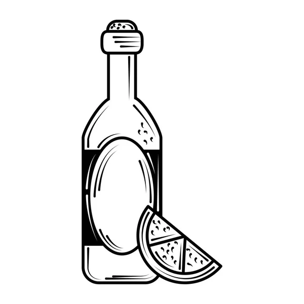 Restaurant Getränkeflasche und Scheibe Limette in Linie Stil — Stockvektor
