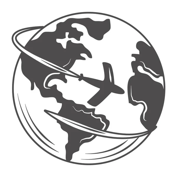 Globuskarte Flugzeug fliegt um die Welt-Ikone — Stockvektor