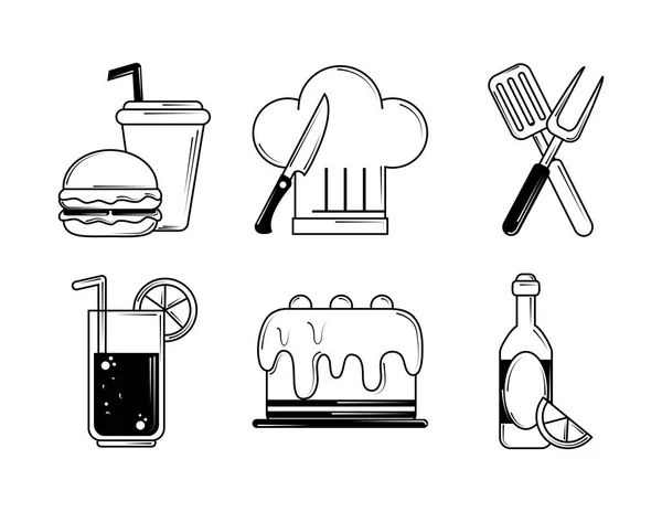 Restaurant cake burger soda beer collection icons in line style — Stock Vector