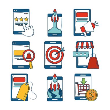 pazarlama, mobil akıllı telefon uygulaması geliştirme ve yönetim simgeleri