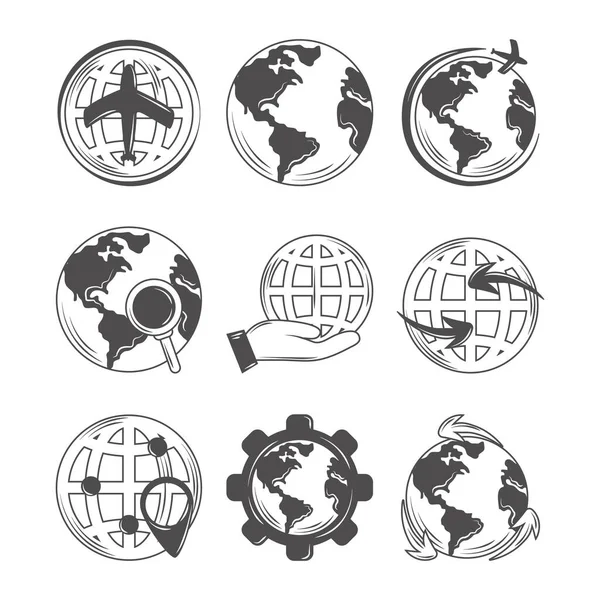 World globe map geography, travel, save the planet and more icons — Stock Vector