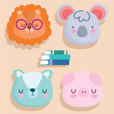 Okul hayvanlarına geri dönüş çizgi film ve kitap vektör tasarımı