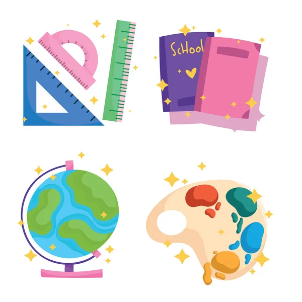 Volver a la escuela iconos conjunto acuarela paleta libros regla globo mapa — Vector de stock