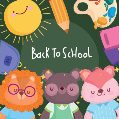 Okul hayvanlarına, çizgi filmlere güneş kalemi ve palet vektör tasarımı