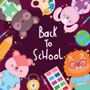 Okul hayvanlarına geri dön. Simgeli karikatür çerçeve tasarımı