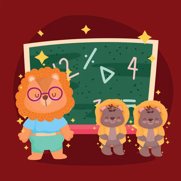 교실에 있는 귀여운 사자와 곰들에게 분필로 된 교실 만화를 보여 줍니다. — 스톡 벡터