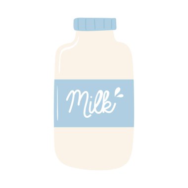 Kahvaltı sütü şişesi iştah açıcı yiyecek, beyaz arka planda simge düzlüğü