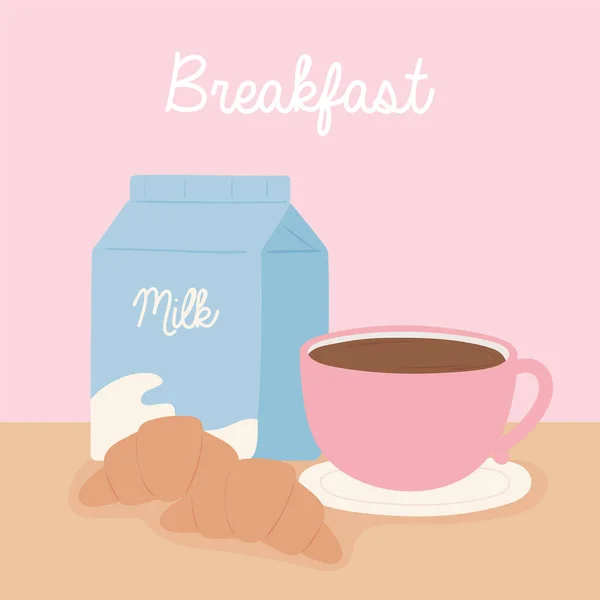 Frühstück Milchbox Kaffeetasse Croissant leckeres Essen Cartoon — Stockvektor