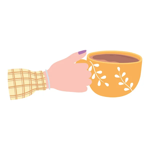 Main féminine avec tasse de café jaune, boisson chaude fraîche — Image vectorielle