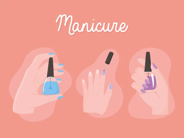 Manucure, mains féminines tient ongles vernis de couleur différente — Image vectorielle