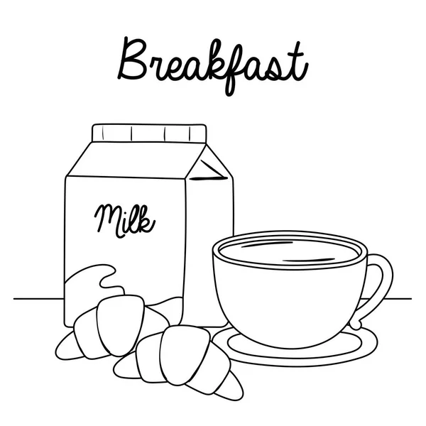 Frühstück Milchbox Kaffeetasse Croissant leckeres Essen Cartoon-Linie Stil — Stockvektor