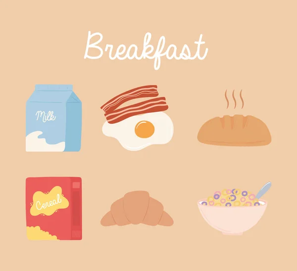 Set icone per la colazione, latte uova pancetta pane cereali latte e croissant — Vettoriale Stock