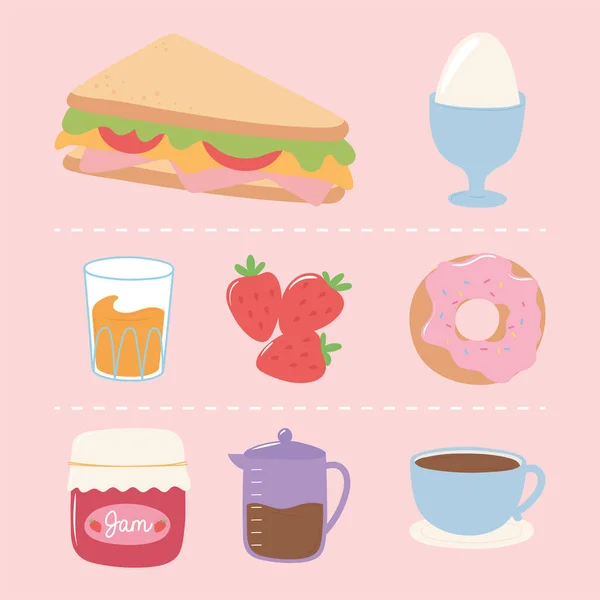 Set de iconos de desayuno, sándwich hervido jugo de huevo cafetera y taza — Archivo Imágenes Vectoriales
