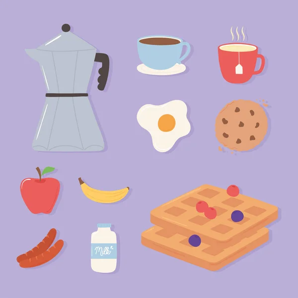 Set de iconos de desayuno, taza de café taza de huevo frito frutas y galletas — Archivo Imágenes Vectoriales