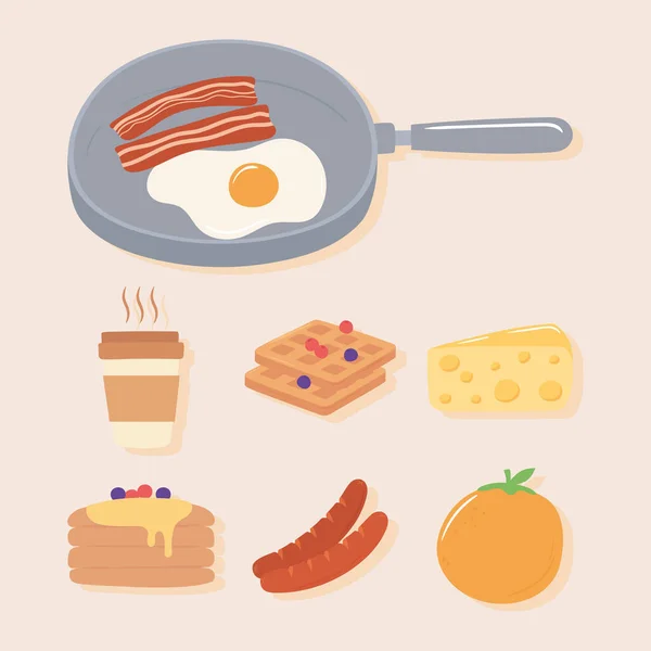 Набор икон для завтрака, яичница и бекон в кастрюле, оранжевые оладьи с кофе — стоковый вектор