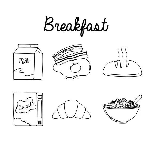 Frühstück Symbole Set, Milch Eier Speck Brot Müsli Milch und Croissant Linie Stil — Stockvektor