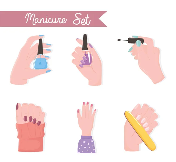 Ensemble de manucure mains féminines avec lime à ongles et couleur pinceau — Image vectorielle