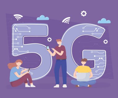 Akıllı telefon, dizüstü bilgisayar teknolojisi kullanan insanlar kablosuz bağlantı 5G üretimi