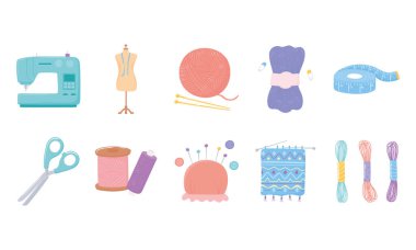 örgü işi araçları simgeleri, mezura, makas, iplik düğmeleri ve iğneler
