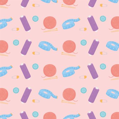 şerit ipliğini ölçen dikiş aletleri düğmeleri ve yün topları arka planda