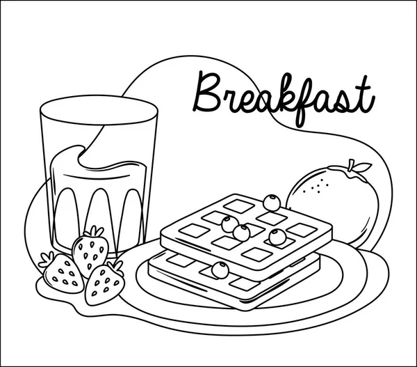 Café da manhã waffle suco de laranja e morangos delicioso estilo linha de desenhos animados comida — Vetor de Stock