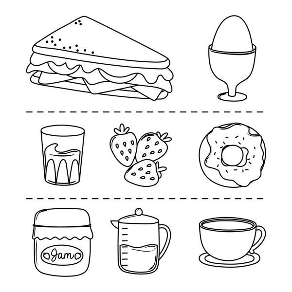 Set de iconos de desayuno, sándwich hervido jugo de huevo cafetera y taza de estilo de línea — Vector de stock