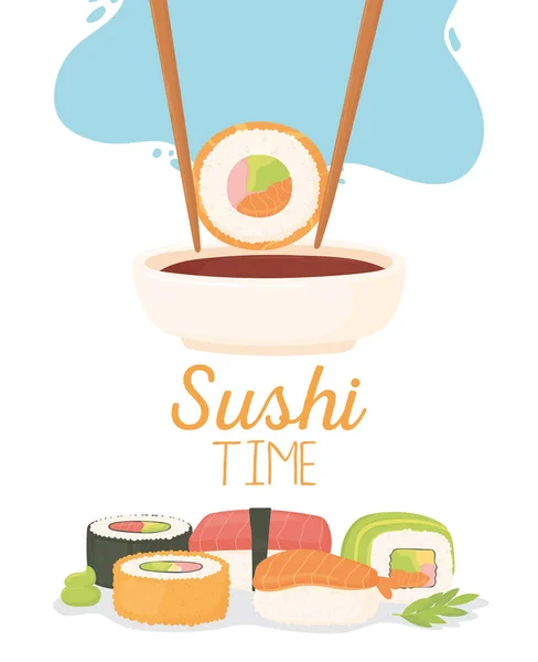 Sushi-Zeit, Essstäbchen mit Rolle in Sojasauce und Geschirr Nigiri, Temaki, Tamago, Sashimi — Stockvektor