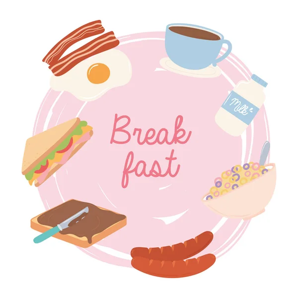 Pequeno-almoço alimentos frescos ovo frito bacon leite xícara de café salsicha sanduíche — Vetor de Stock