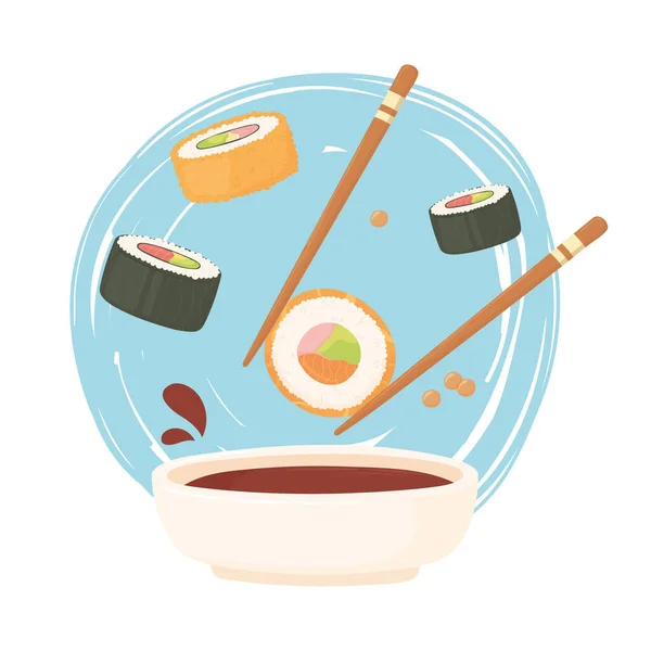 Sushi-Essstäbchen mit Rolle in Sojasauce und Nigiri, Sashimi-Essen — Stockvektor