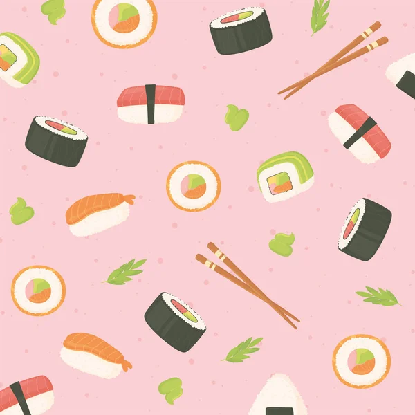 Sushi tenger gyümölcsei tekercs evőpálcika japán élelmiszer kultúra háttér — Stock Vector