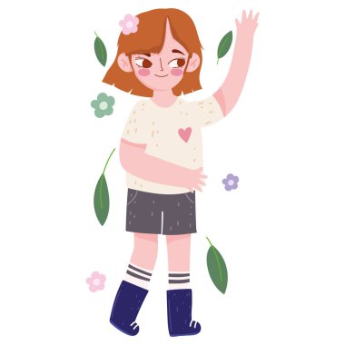 Sıradan giyinmiş, çiçekli, çizgi film tarzı yaprağı olan mutlu bir kız.