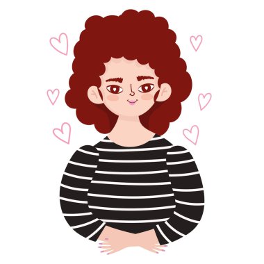 Kadın karakter kıvırcık saçlar, kalpler romantik portrelere bayılır.