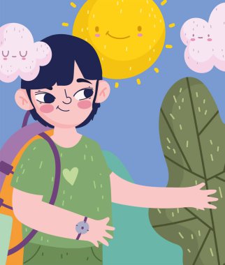 Sırt çantalı kamp çocuğu çizgi film tarzında orman doğası.