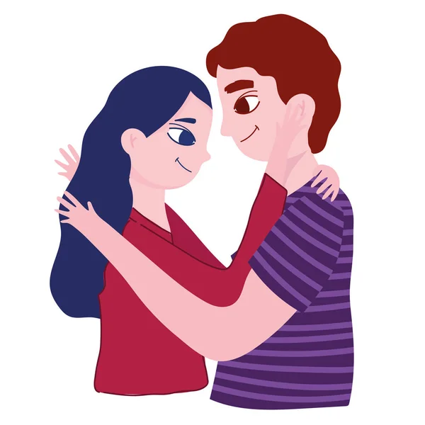 Pareja abrazos y sonriente amor romance retrato dibujos animados personajes — Vector de stock