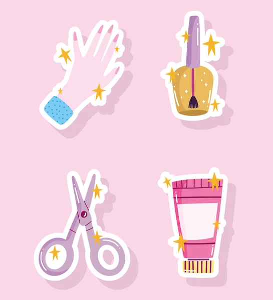 Conjunto de iconos de manicura, tijeras de mano esmalte de uñas y herramientas de crema diseño de estilo de dibujos animados — Vector de stock