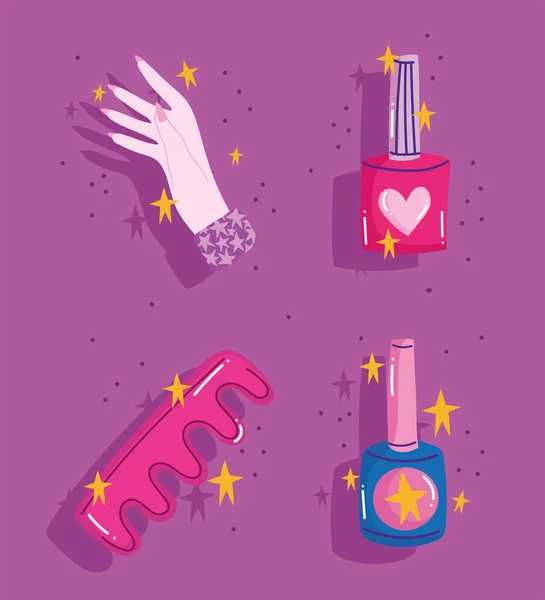 Conjunto de ícones de manicure, separador de dedos, esmalte de unhas e ferramentas manuais design de estilo cartoon — Vetor de Stock