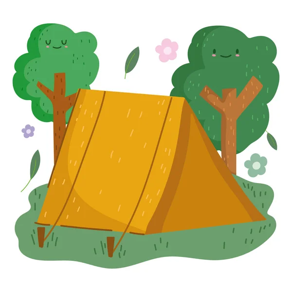 Campingzelt Wald Bäume Laub im Cartoon-Stil — Stockvektor