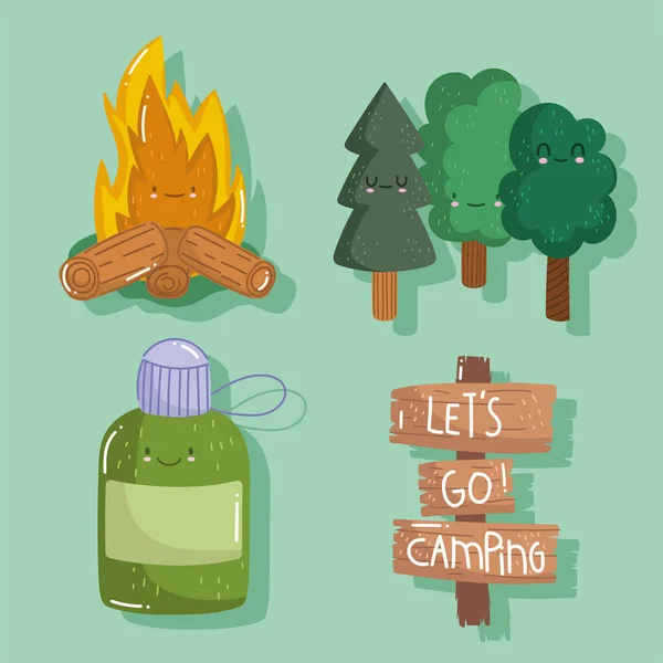 漫画風のアイコンセットでたき火のキャンプ水ボトルの森の木 — ストックベクタ