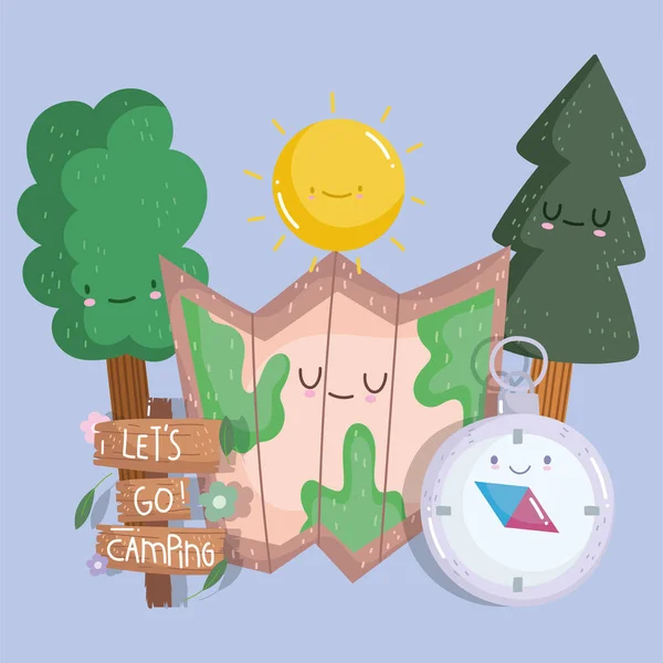Campeggio foresta alberi mappa e cpmpass in stile cartone animato design — Vettoriale Stock