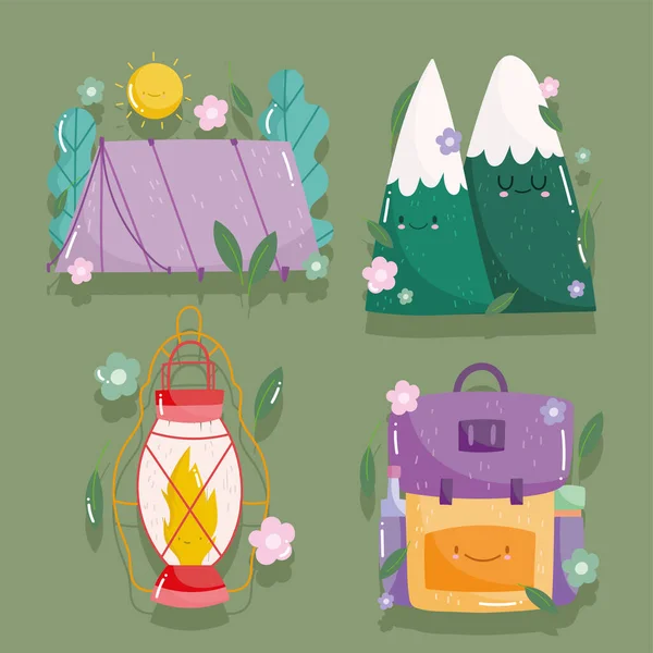 Camping tent bergen rugzak en lantaarn in cartoon stijl pictogrammen — Stockvector