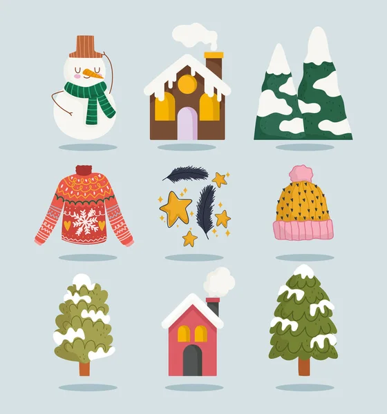 Χειμώνα χιονάνθρωπος σπίτι χιόνι βουνό δέντρο πουλόβερ εικονίδια σύνολο κινουμένων σχεδίων — Διανυσματικό Αρχείο