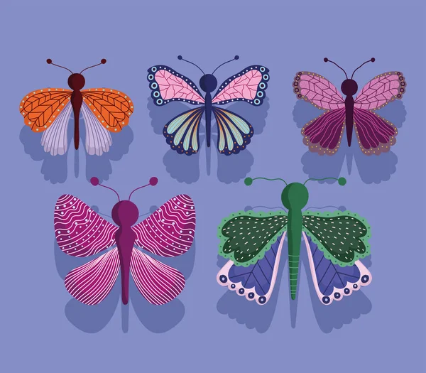 Borboletas inseto asas decorativas desenhos animados, sombra no fundo roxo — Vetor de Stock
