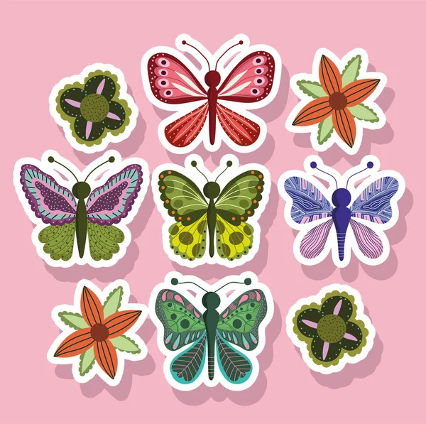Papillons insectes nature animaux dans le style autocollant sur fond rose — Image vectorielle