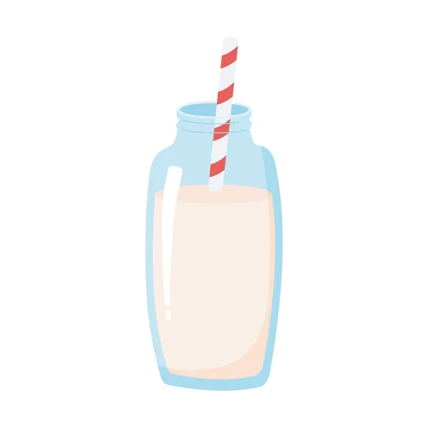 Flasche mit Milch und Strohgetränk, Milcherzeugnis Cartoon-Symbol — Stockvektor