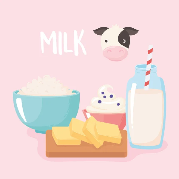 Leche productos lácteos iconos de dibujos animados conjunto, bebida de mantequilla de vaca — Vector de stock